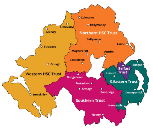Map of Health Care Trust areas in Northern Ireland
