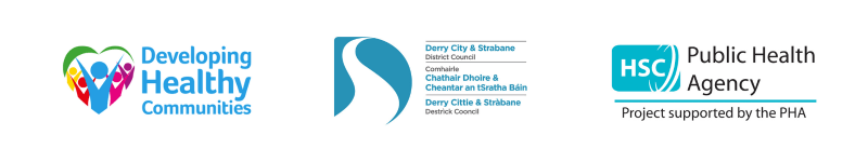 Logos of Developing Healthy Communities NI, Derry City & a project supported by the Public Health Agency Strabane District Council and
